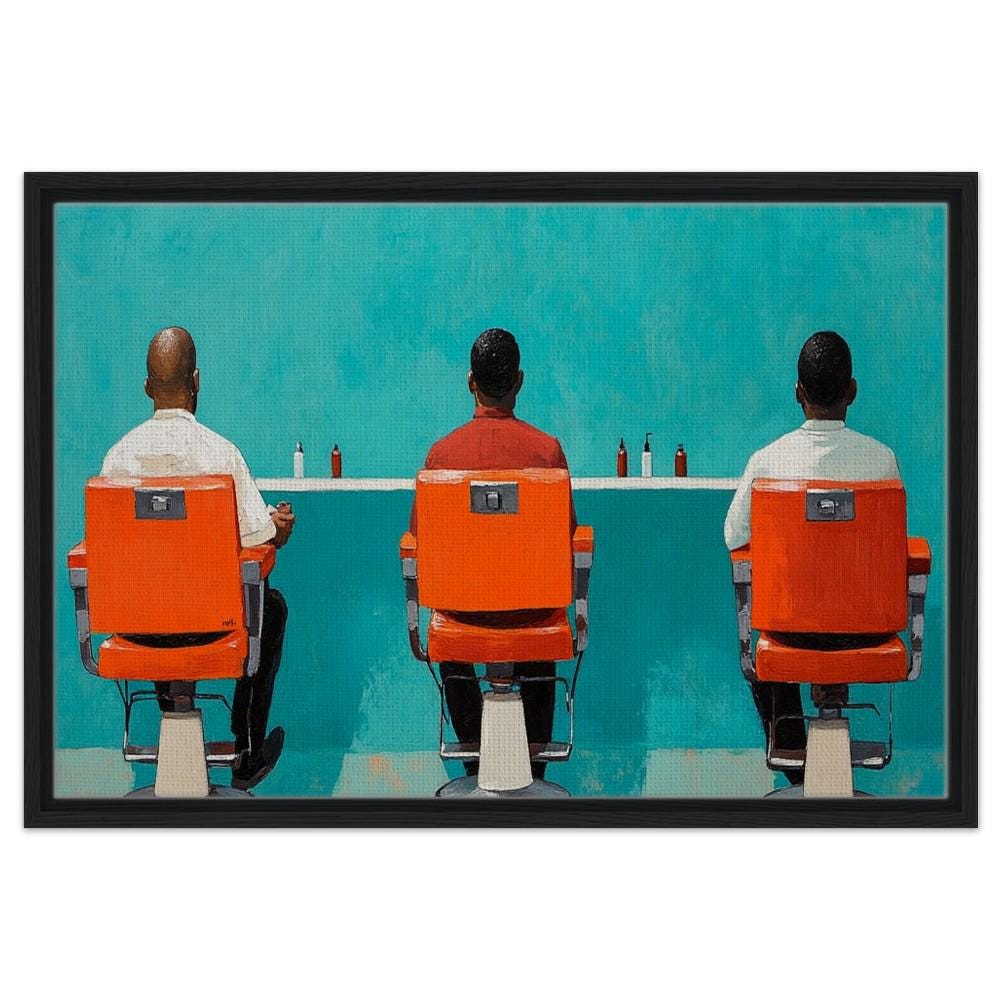 Framed African American Barbershop Art | Black Men in Conversation | Bold Orange Barber Chairs Canvas | Cultural Wall Decor