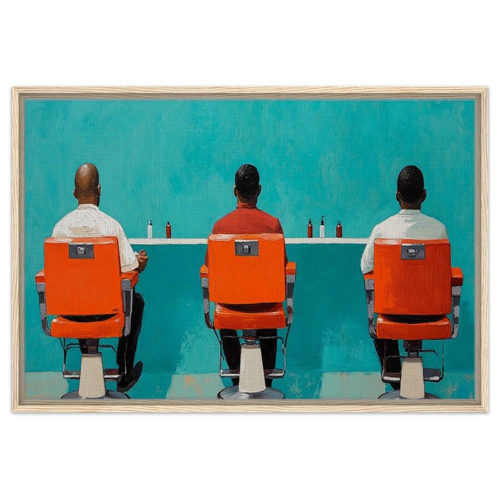 Framed African American Barbershop Art | Black Men in Conversation | Bold Orange Barber Chairs Canvas | Cultural Wall Decor