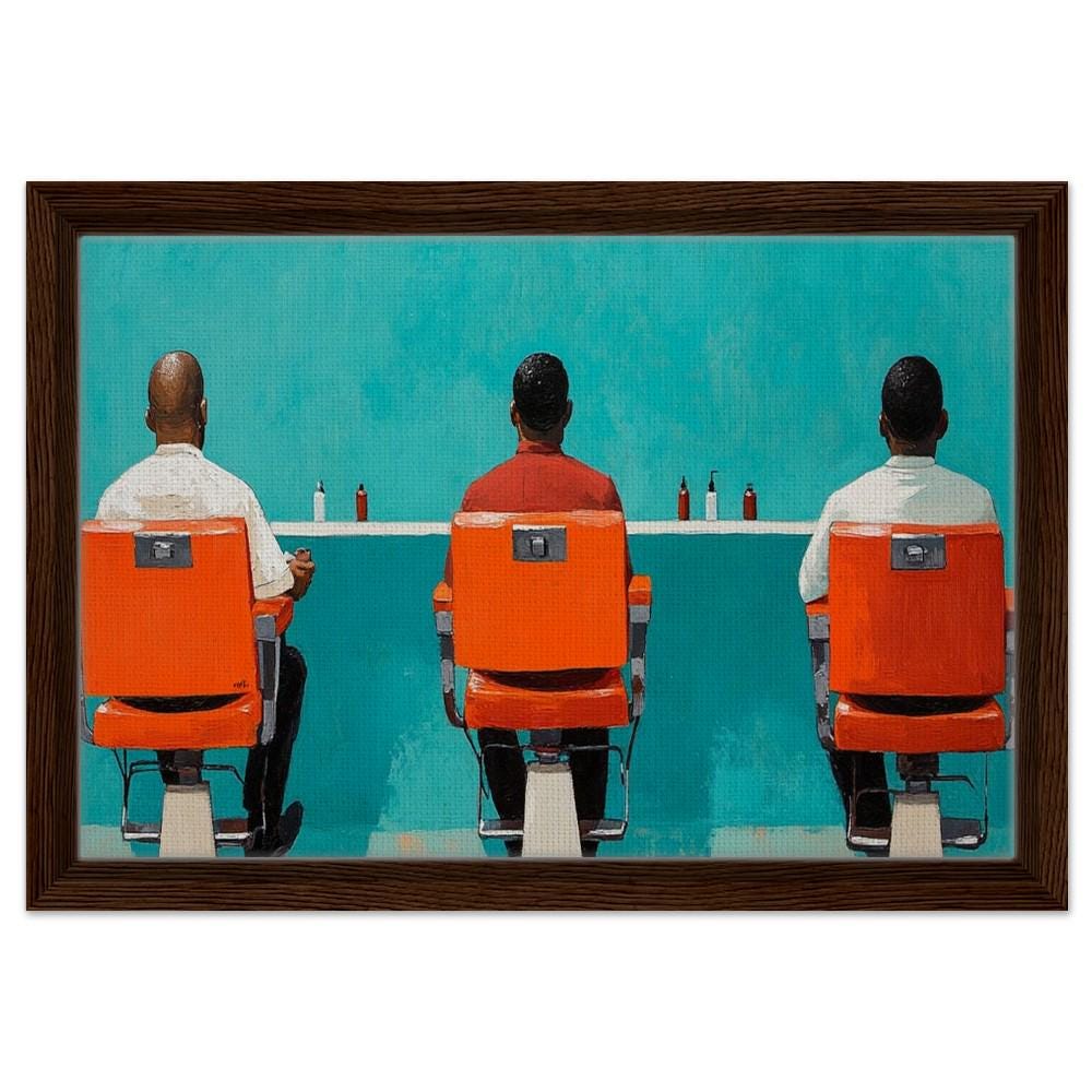 Framed African American Barbershop Art | Black Men in Conversation | Bold Orange Barber Chairs Canvas | Cultural Wall Decor