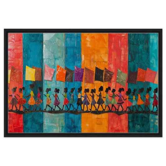 Framed Black Children Marching Art | African American Cultural Canvas | Vibrant Unity and Pride Decor | Colorful Wall Art for Home