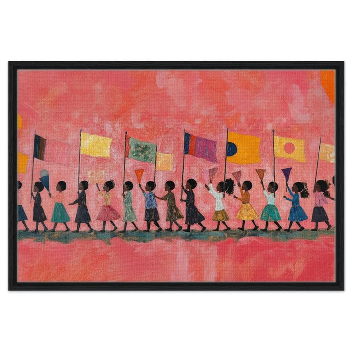 Black children marching in colorful attire, vibrant african american wall art canvas celebrating unity and heritage.