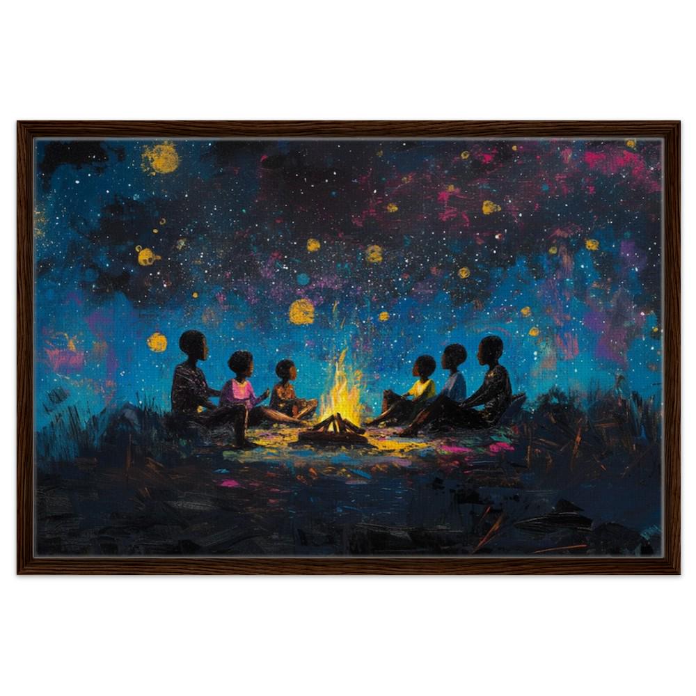 Black Family Around Campfire | Night Sky Art | African American Wall Decor | Family Bonding Canvas Print