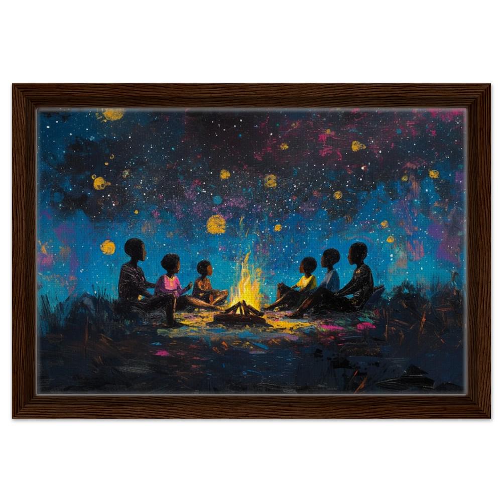 Black Family Around Campfire | Night Sky Art | African American Wall Decor | Family Bonding Canvas Print