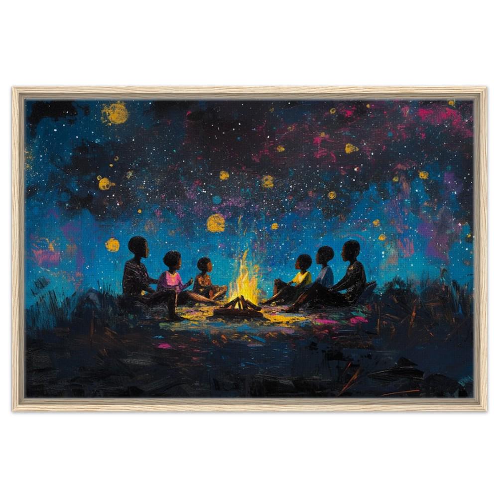 Black Family Around Campfire | Night Sky Art | African American Wall Decor | Family Bonding Canvas Print