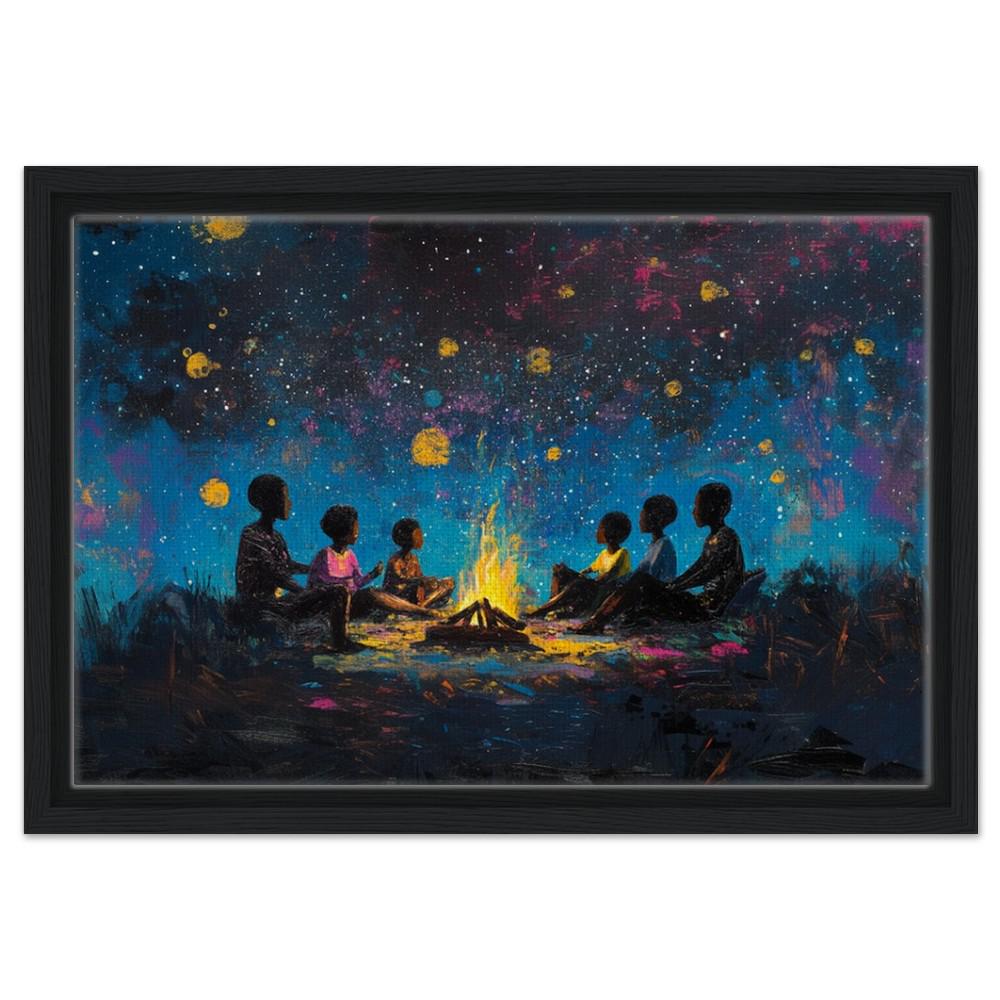 Black Family Around Campfire | Night Sky Art | African American Wall Decor | Family Bonding Canvas Print