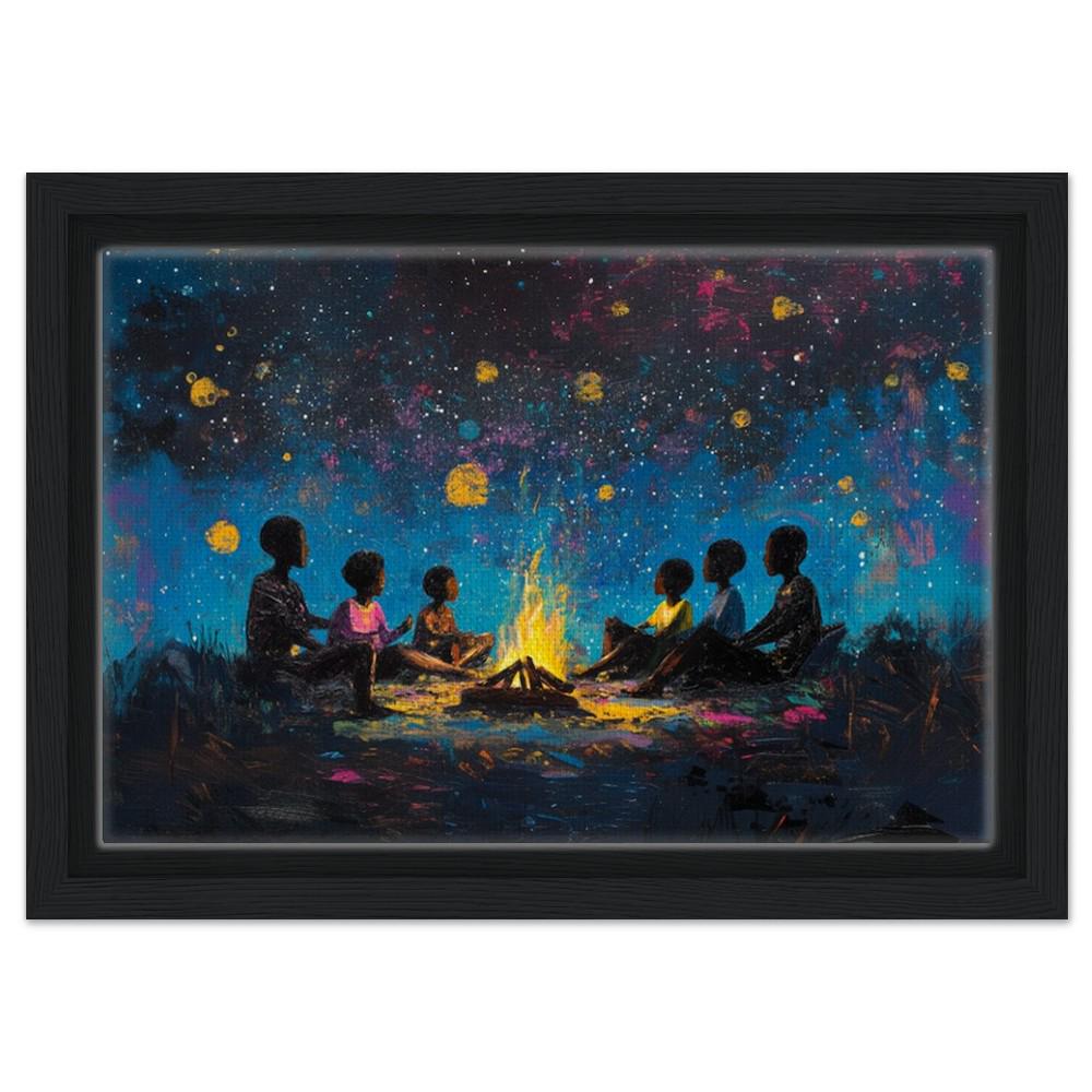 Black Family Around Campfire | Night Sky Art | African American Wall Decor | Family Bonding Canvas Print