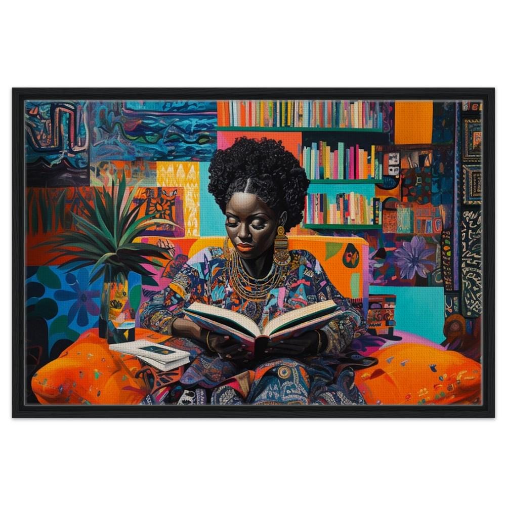 Vibrant African American wall art depicting a black woman reading, showcasing rich colors and cultural depth.