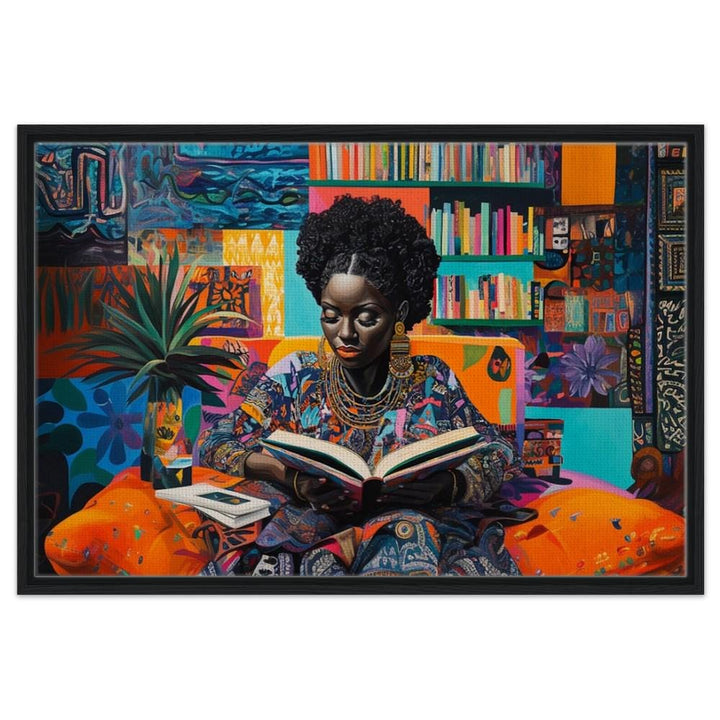 Vibrant African American wall art depicting a black woman reading, showcasing rich colors and cultural depth.