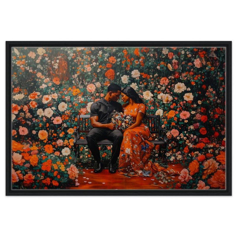 A canvas print featuring a Black couple sitting close together in a vibrant garden with a variety of colorful flowers.