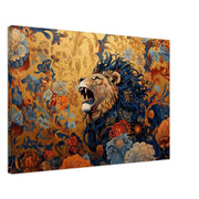 Roaring lion with floral accents, showcasing vibrant colors in this striking African American wall art piece.
