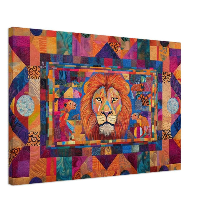 Lion Family African American wall art in colorful patchwork design celebrating unity and strength.