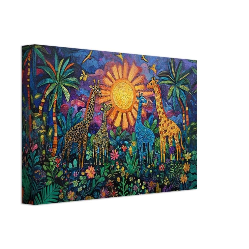 Giraffe family black art in Haitian folk style, vibrant canvas art ideal for African American wall art decor.