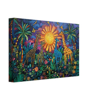 Giraffe family black art in Haitian folk style, vibrant canvas art ideal for African American wall art decor.