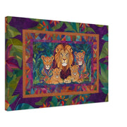 Quilted Lion Family canvas art showcasing African American wall art inspired by family and strength.