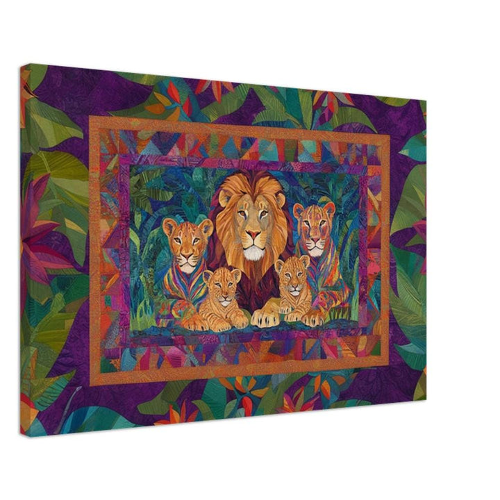 Quilted Lion Family canvas art showcasing African American wall art inspired by family and strength.
