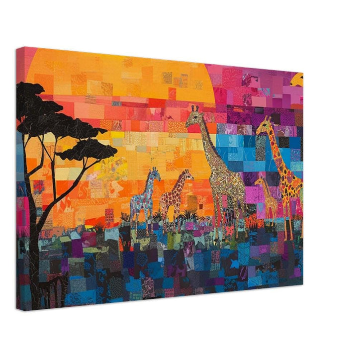 Giraffe Family black canvas art, perfect as African American wall art, showcasing a loving animal family in elegant design.