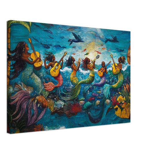 Haitian Folk Art Canvas – Joyful Mermaids with Guitars in Ocean Scene