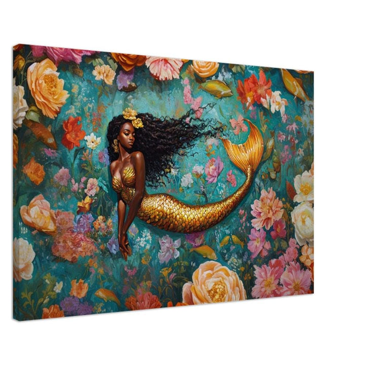 Regal mermaid black canvas art featuring African American wall art, showcasing beauty and elegance in vibrant colors.