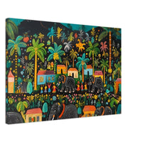 Vibrant Haitian folk art canvas print featuring colorful elephants, perfect as African American wall art.