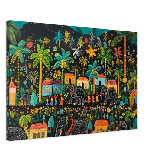 Haitian Folk Art Canvas Print – Vibrant Village Scene with Elephants