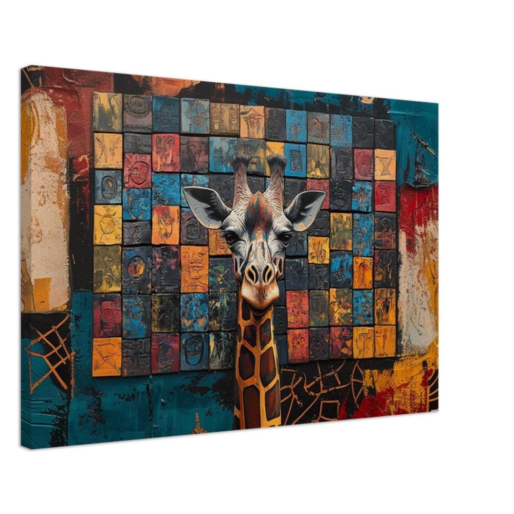 Vibrant abstract giraffe canvas art featuring cultural themes, perfect as African American wall art for modern spaces.