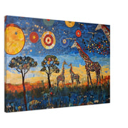 Giraffe Family canvas art featuring African American wall art, depicting a loving family of giraffes in a warm setting.
