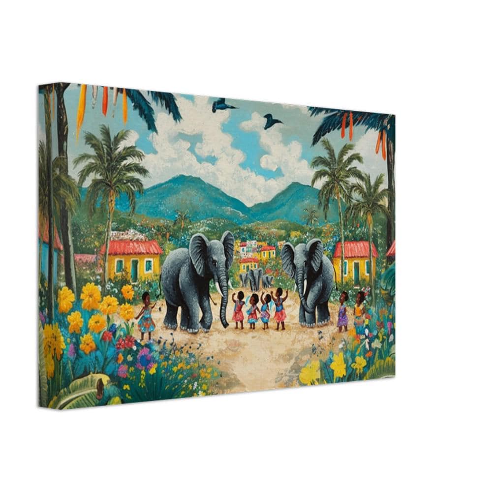 Haitian Folk Art with Elephants - Vibrant Caribbean Wall Decor