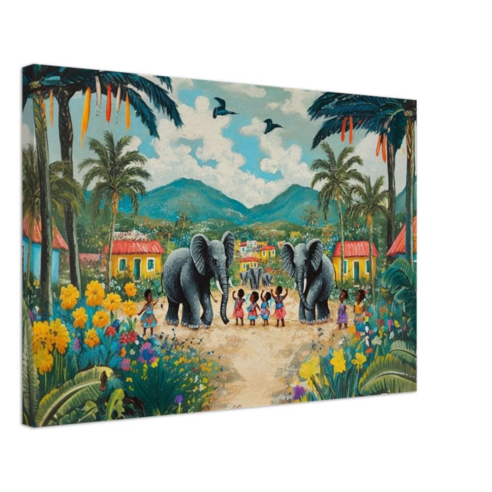 Haitian Folk Art with Elephants - Vibrant Caribbean Wall Decor