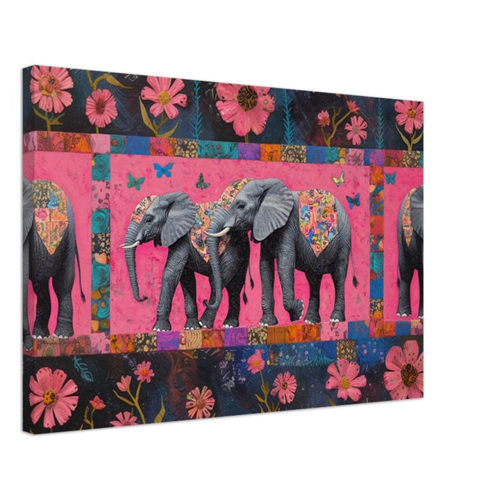 Faith Ringgold inspired elephant canvas art, showcasing vibrant colors in a unique african american wall art style.