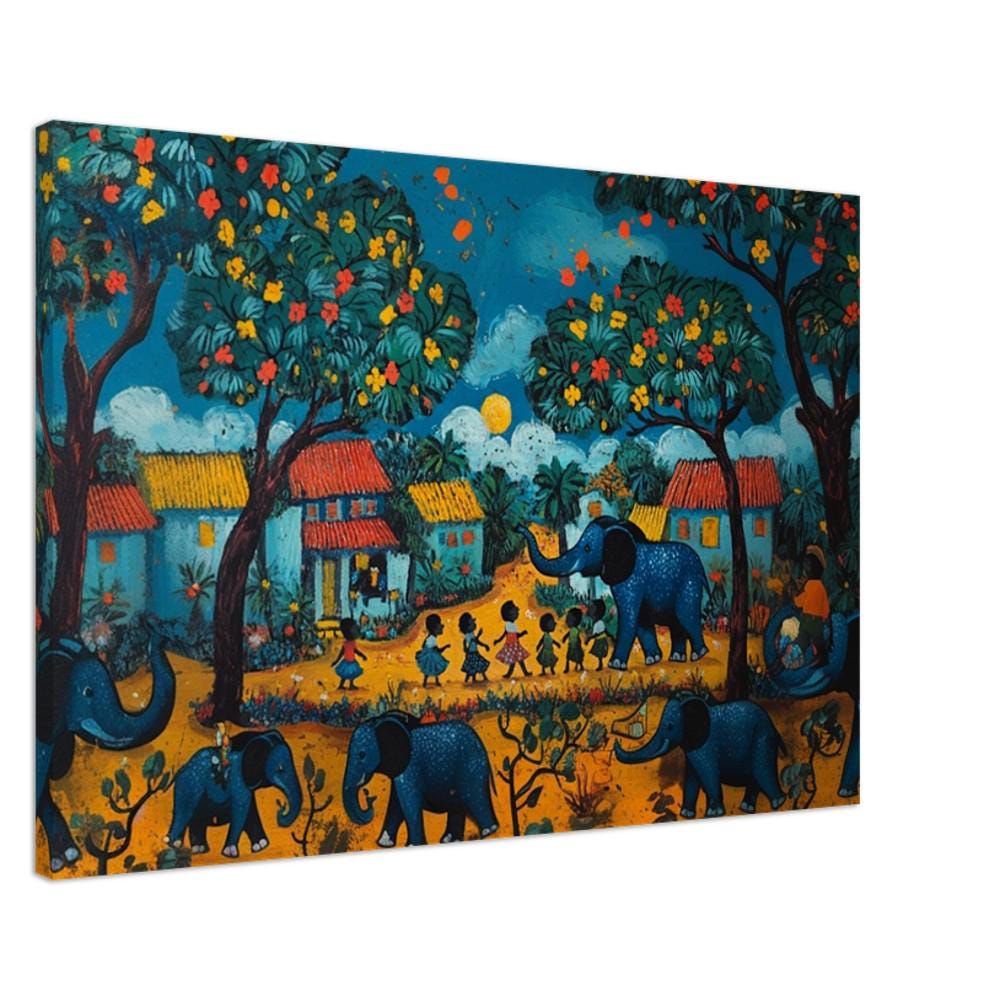 Haitian Folk Art Canvas Print | Village Elephants Wall Decor | Vibrant Cultural Art