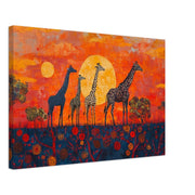 Black Art Giraffes canvas art featuring a vibrant safari sunset, perfect as African American wall art decor.