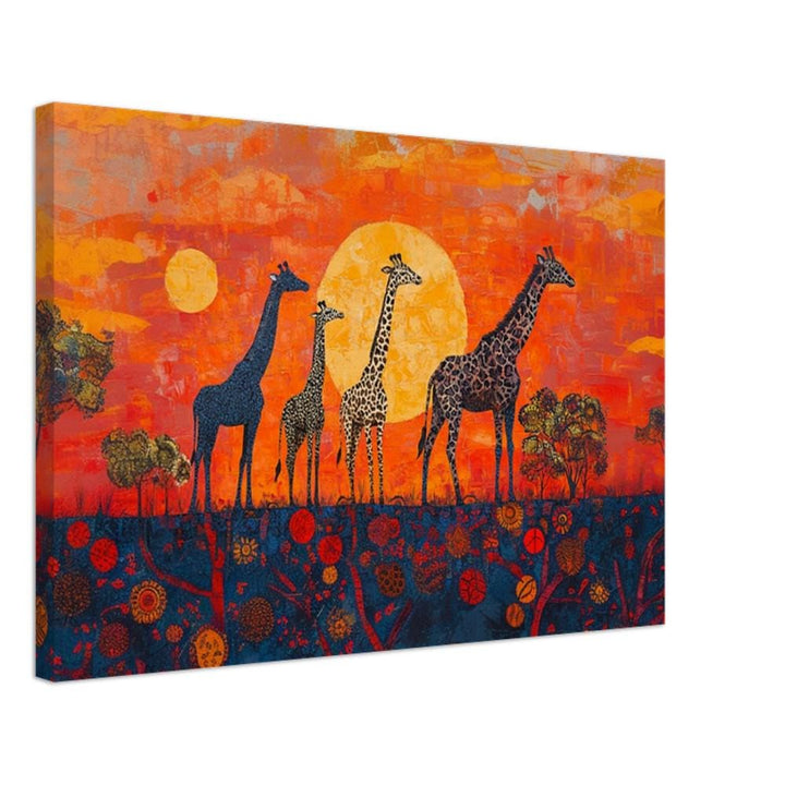 Black Art Giraffes canvas art featuring a vibrant safari sunset, perfect as African American wall art decor.
