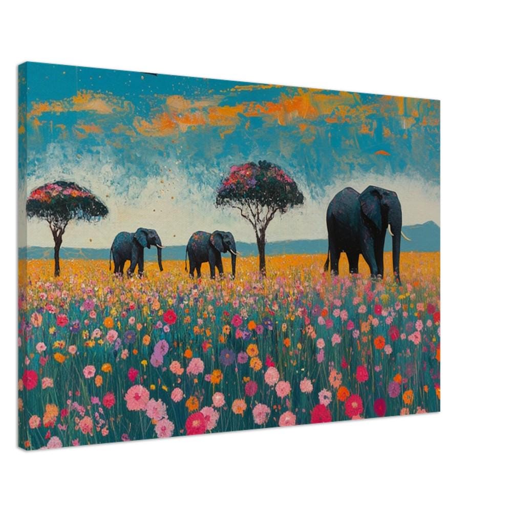 Vibrant African American wall art featuring a family of elephants against a striking background, perfect for any space.