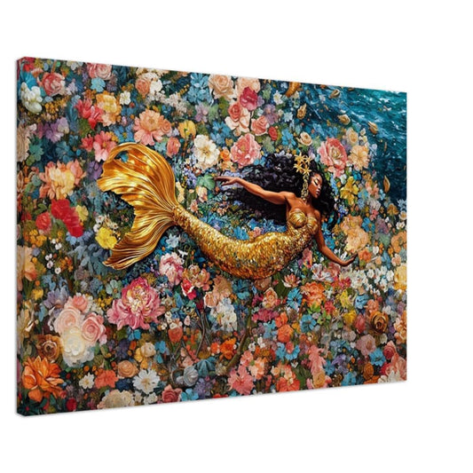 Regal Mermaid Canvas Print | Vibrant Floral Wall Art | Afrocentric Home Decor