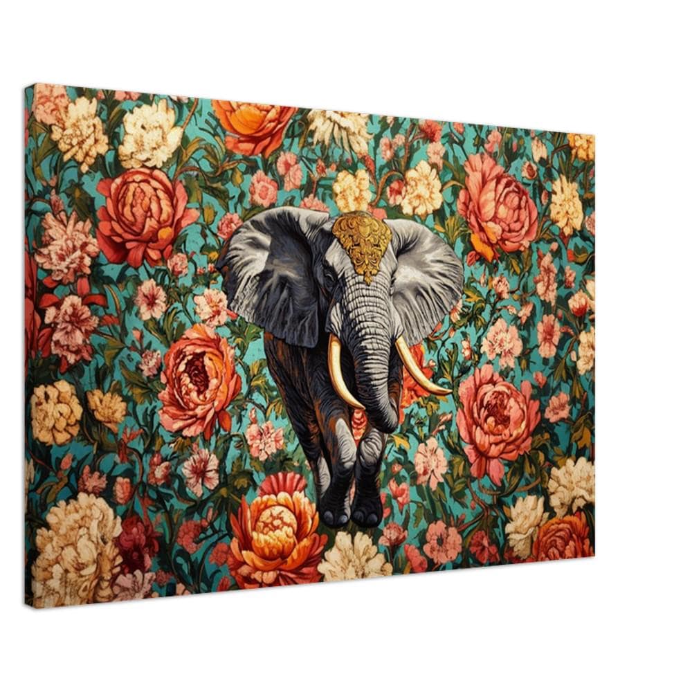 Regal Elephant Canvas Print | Cultural African Wildlife Wall Art | Vibrant Floral Decor