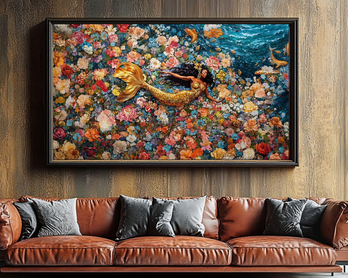 Regal Mermaid Canvas Print | Vibrant Floral Wall Art | Afrocentric Home Decor