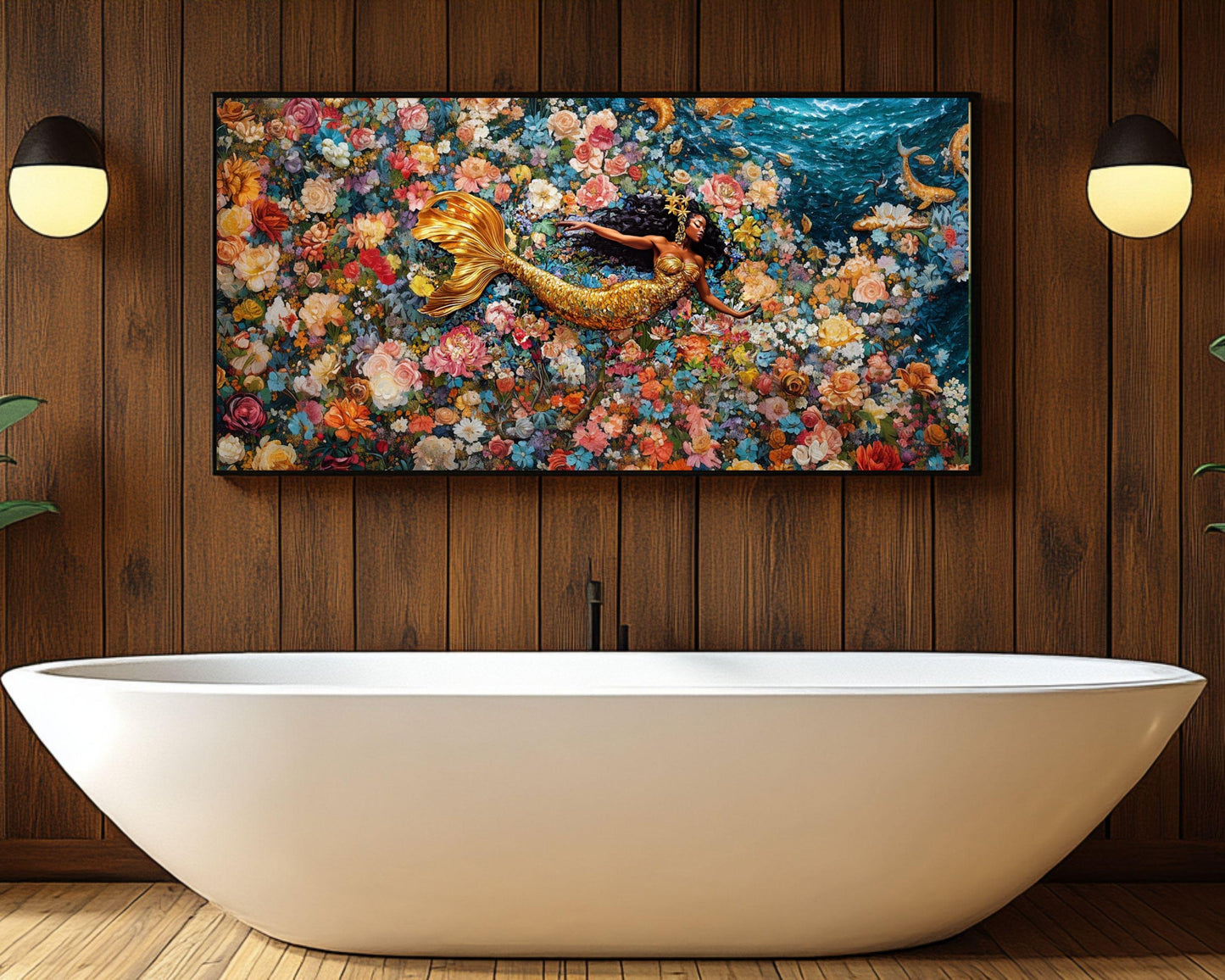 Regal Mermaid Canvas Print | Vibrant Floral Wall Art | Afrocentric Home Decor