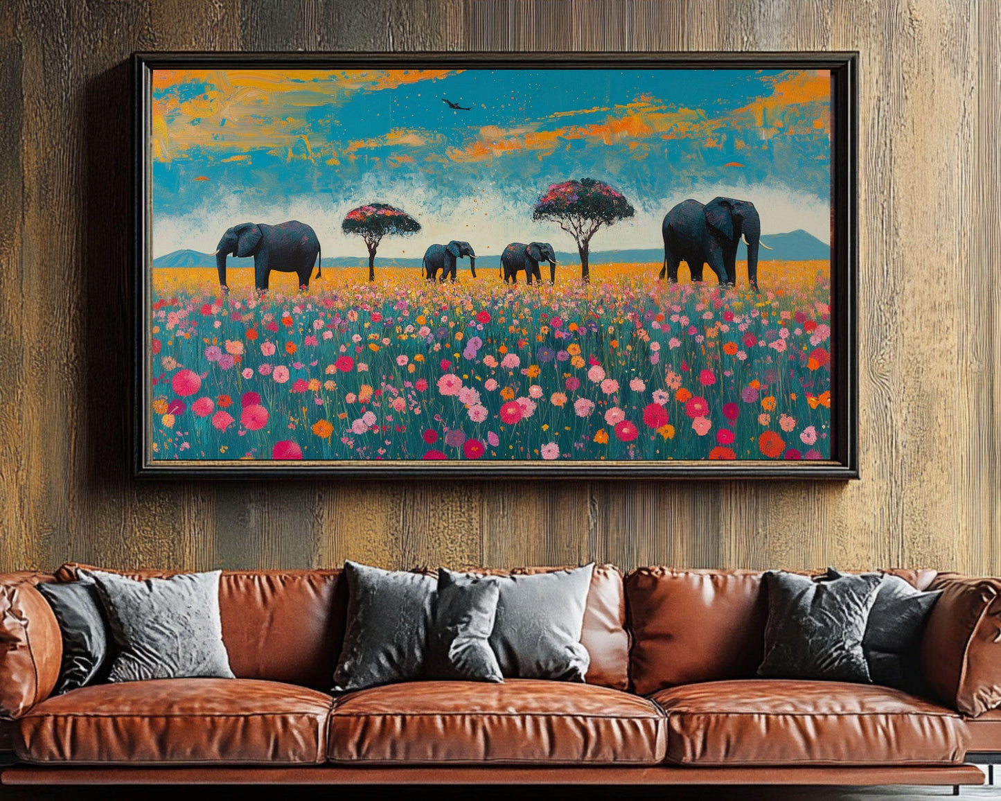 Elephants Canvas Print | African Safari Wall Art | Vibrant Wildlife Decor