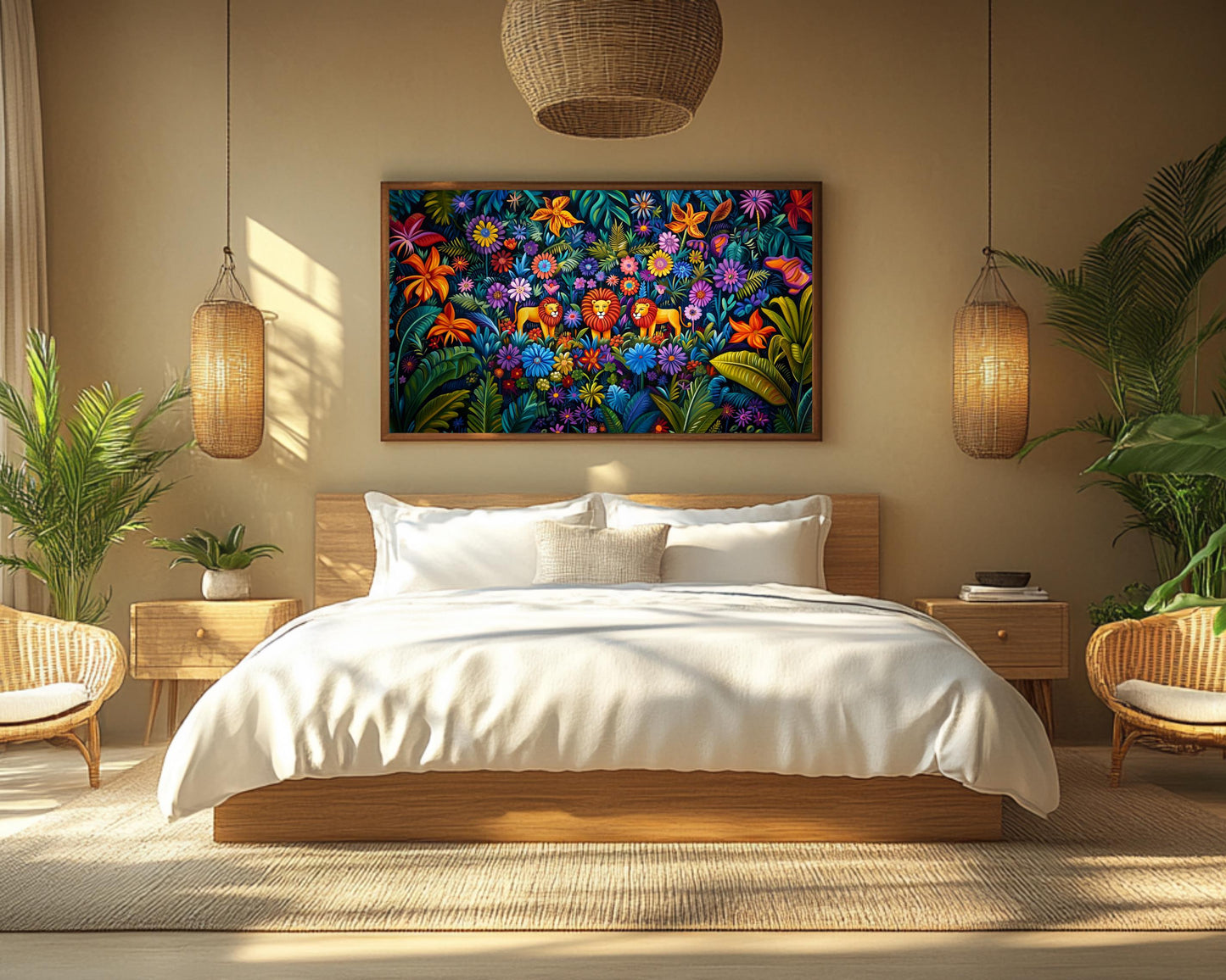 Haitian Folk Art Lions Canvas Print | Vibrant Jungle Wall Art | Wildlife Decor