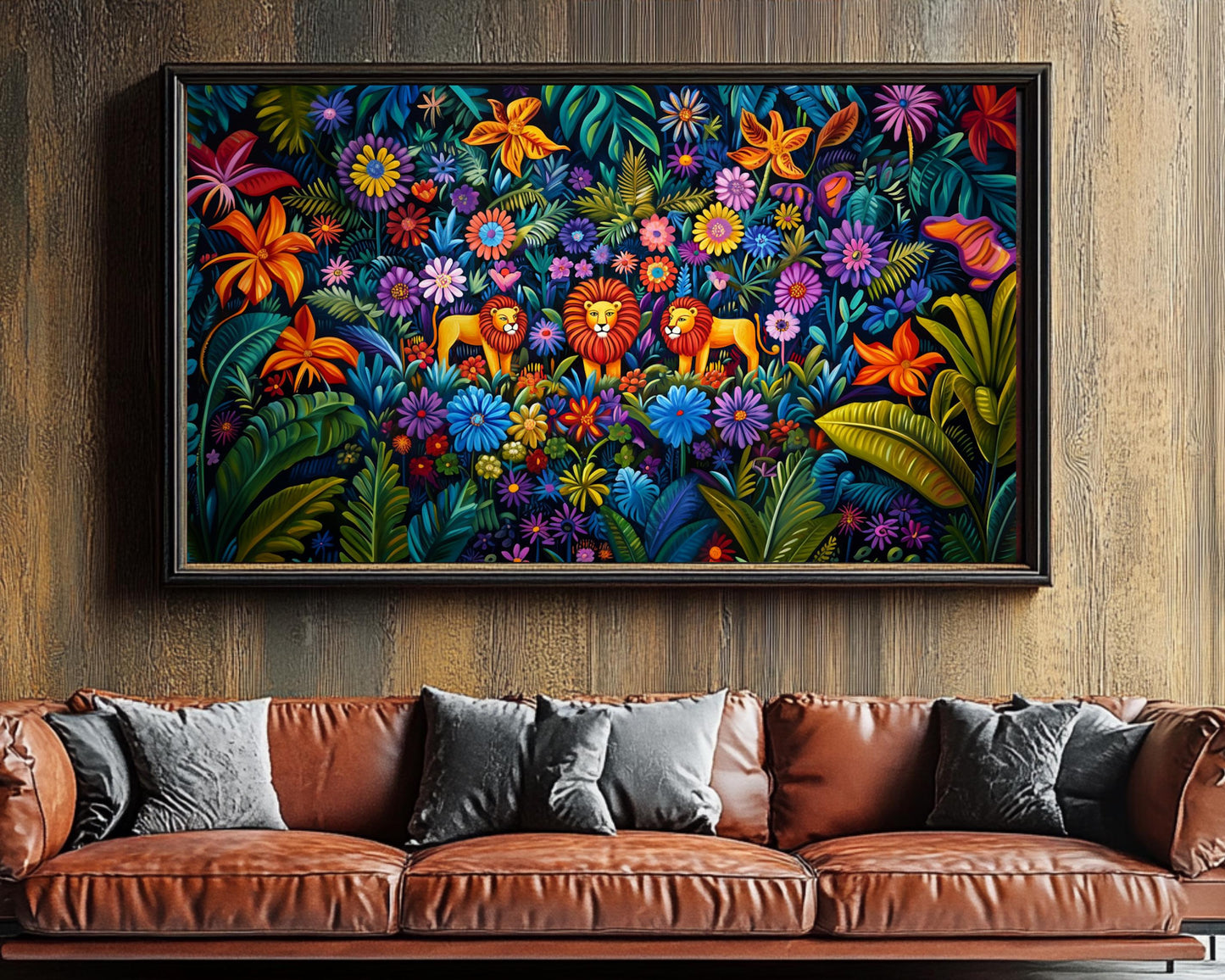 Haitian Folk Art Lions Canvas Print | Vibrant Jungle Wall Art | Wildlife Decor