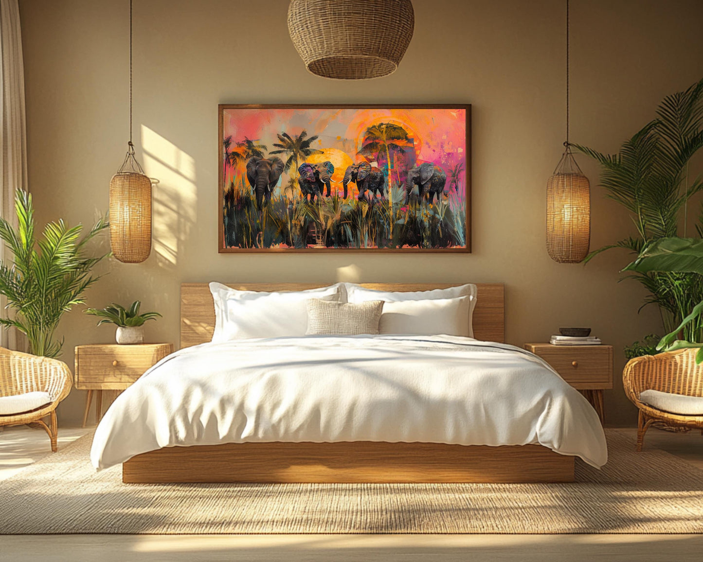 Elephants Canvas Print | Vibrant Safari Sunset Art | Tropical Wildlife Decor