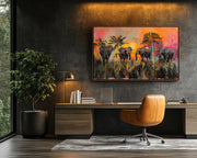 Black Elephants Tropical Sunset cultural wall decor print by MoomZee Artwork