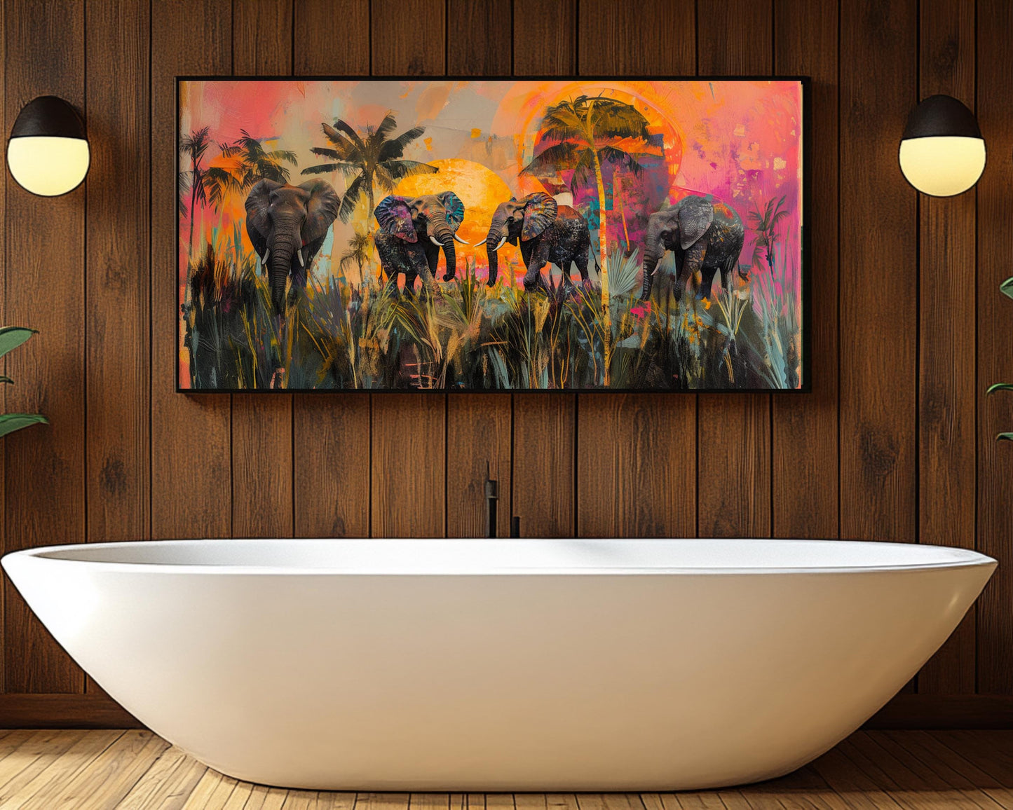 Elephants Canvas Print | Vibrant Safari Sunset Art | Tropical Wildlife Decor