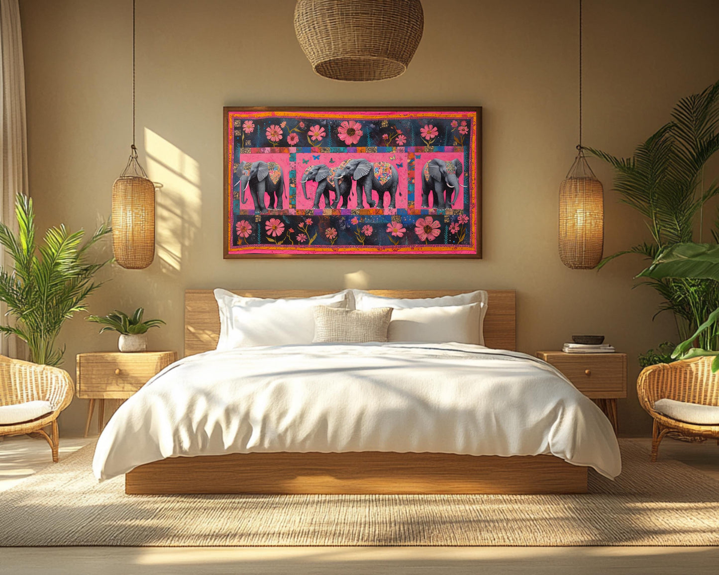 Elephants Canvas Print | Faith Ringgold-Inspired Art | Vibrant Pink Wildlife Decor