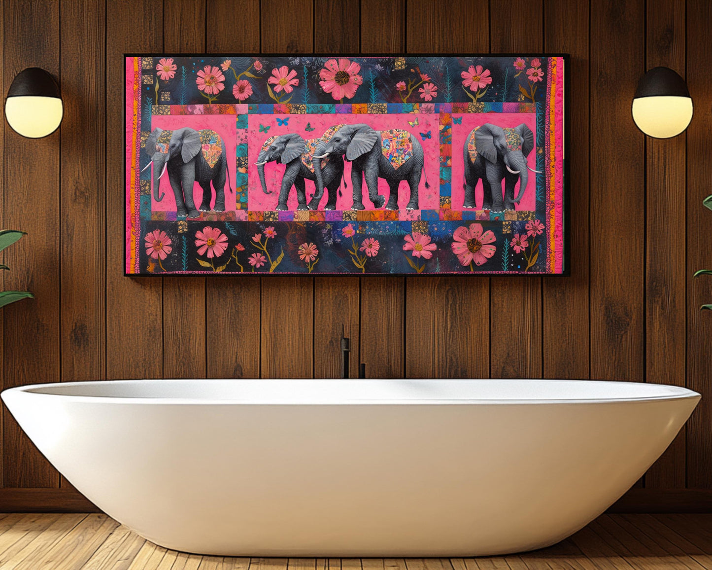 Elephants Canvas Print | Faith Ringgold-Inspired Art | Vibrant Pink Wildlife Decor