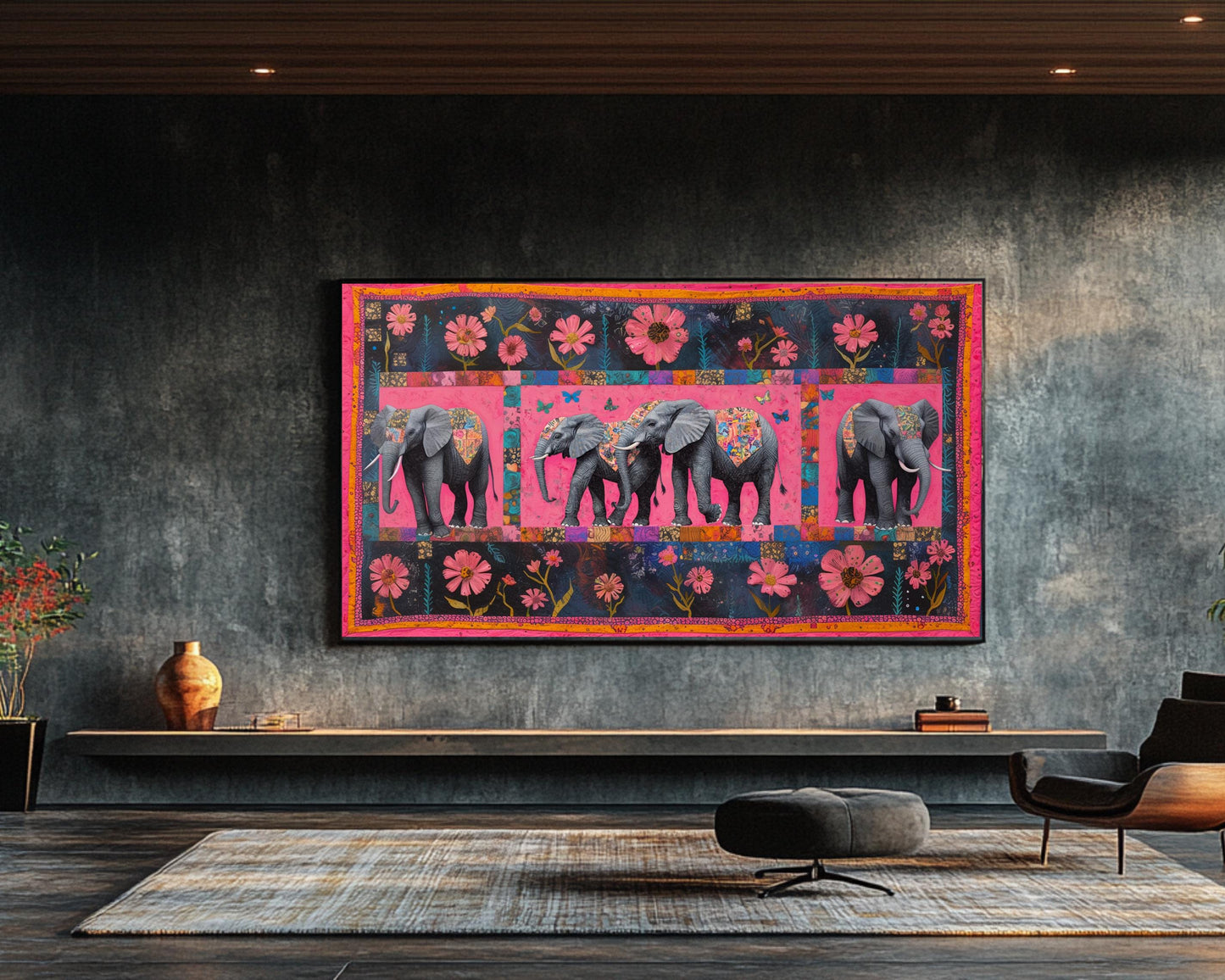 Elephants Canvas Print | Faith Ringgold-Inspired Art | Vibrant Pink Wildlife Decor