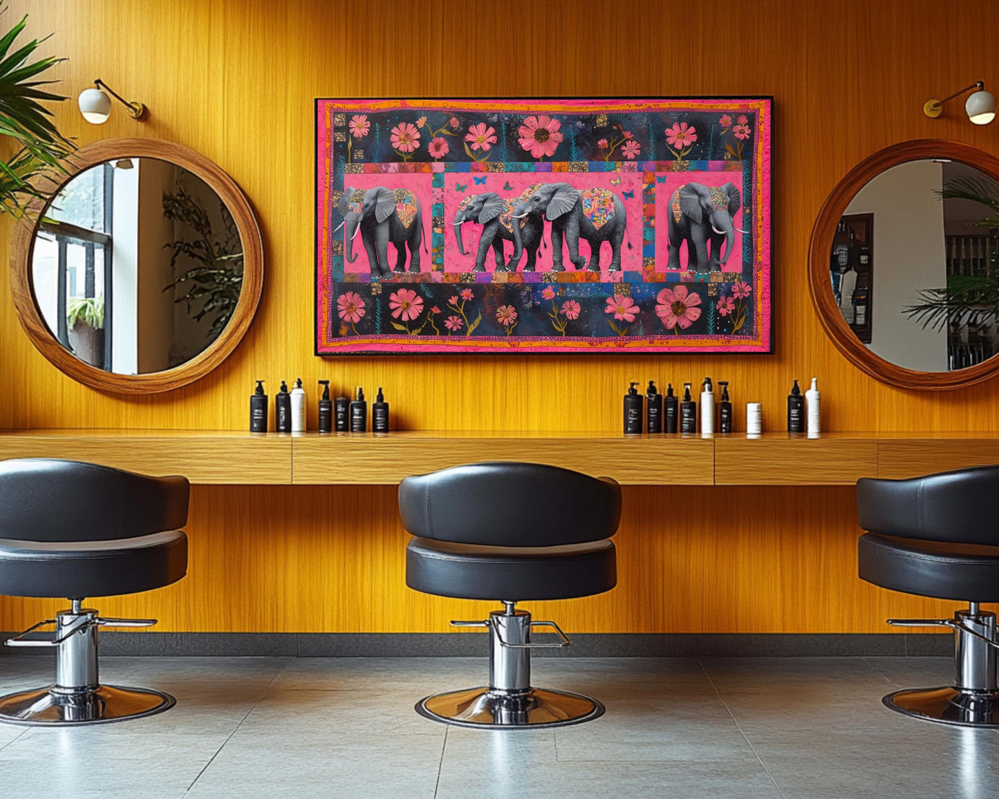 Elephants Canvas Print | Faith Ringgold-Inspired Art | Vibrant Pink Wildlife Decor