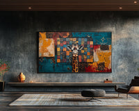 Vibrant abstract african american wall art showcasing bold colors and dynamic shapes on canvas.