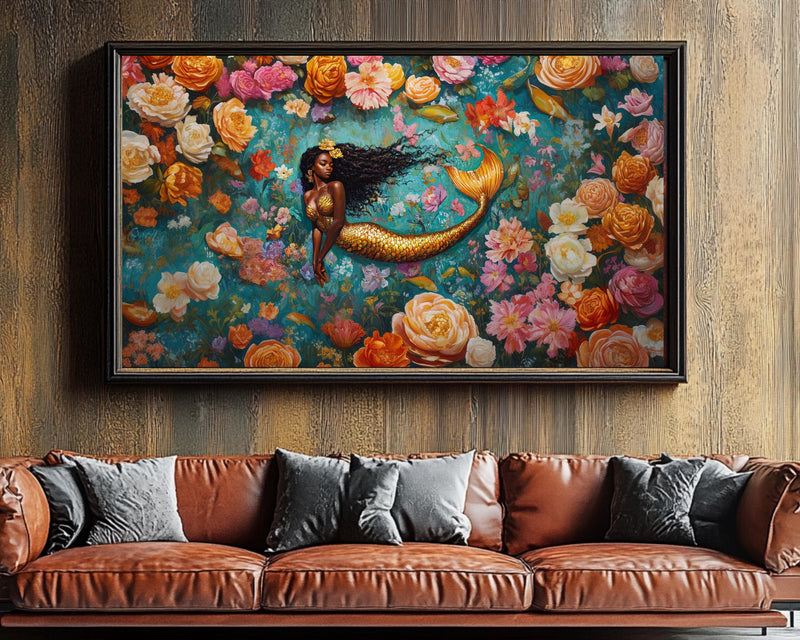 Regal Mermaid African American Wall Art Black Canvas Print