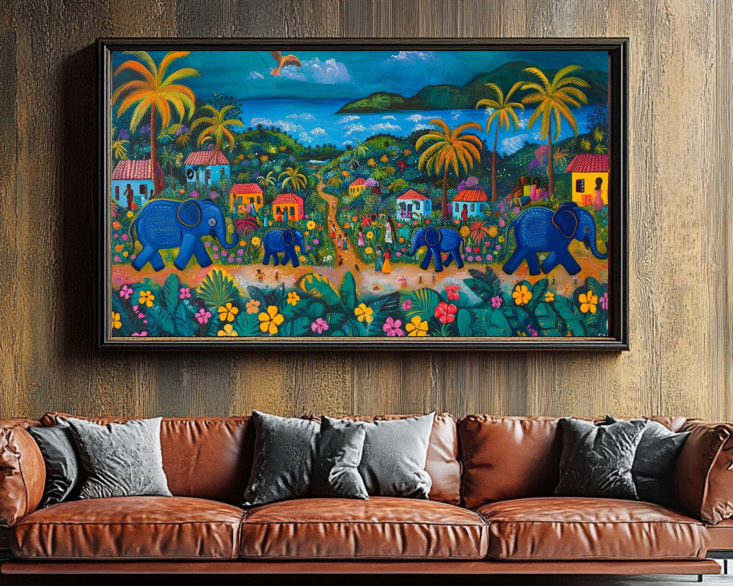 Haitian Folk Art Canvas – Vibrant Blue Elephants Village Scene